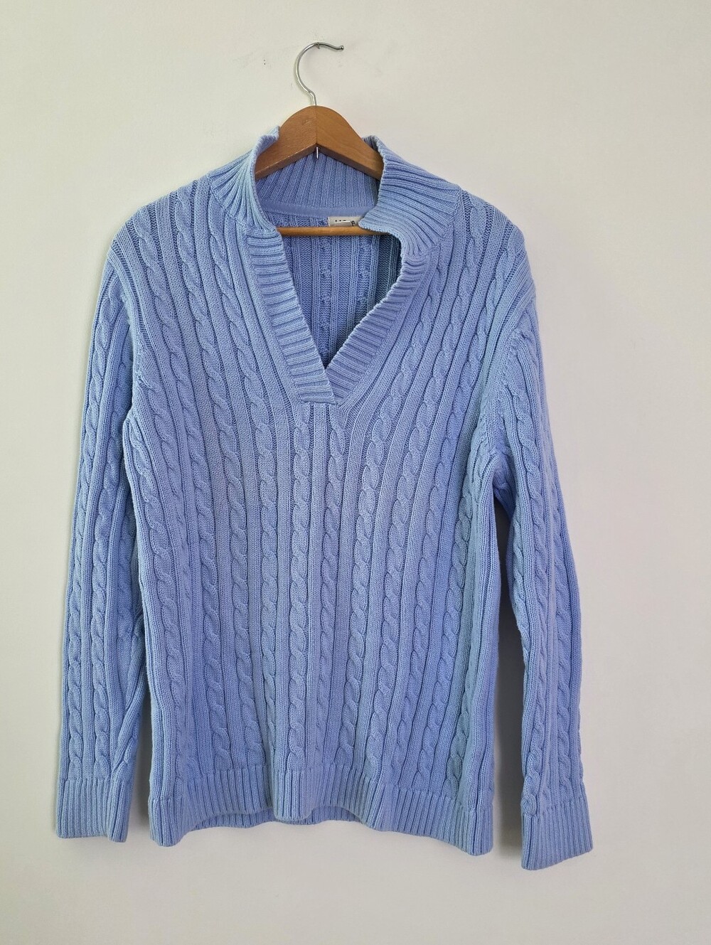 L.L.Bean Cableknit Cotton Sweater Vneck High Collar Womens L Blue Preppy Coastal